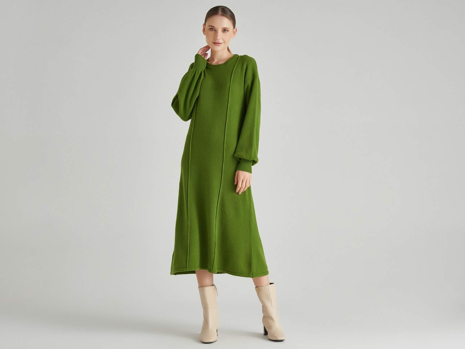 Benetton Kadın Avcı Yeşili Yün Karışımlı Elbise. 1