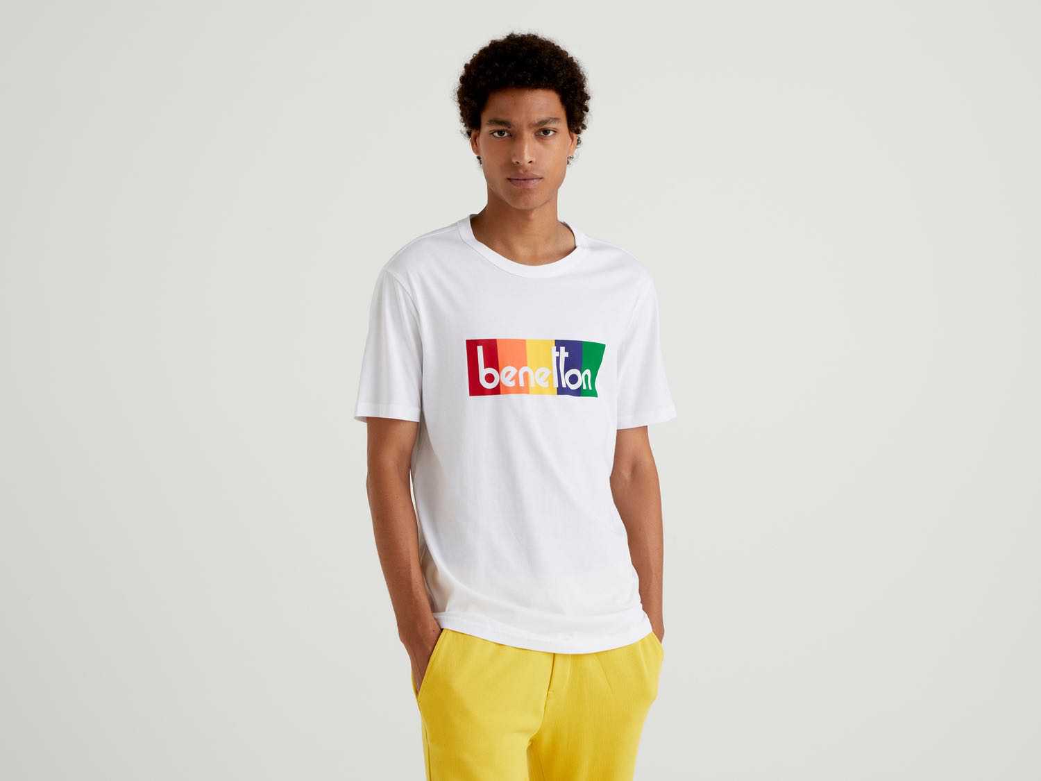 Benetton Erkek Beyaz Logo Baskılı Organik Pamuklu Tshirt. 1