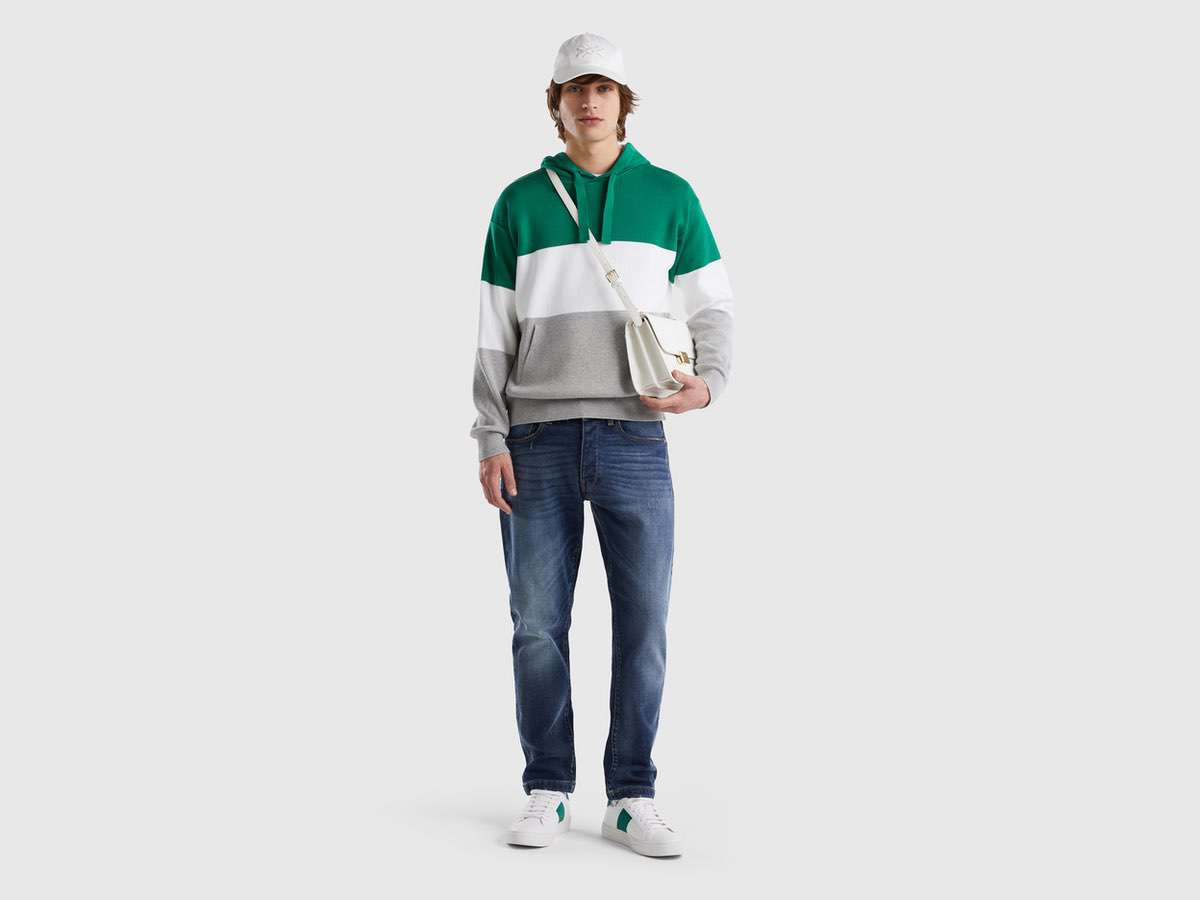 Benetton Erkek Mix Renk Bloklu Kapşonlu Triko Sweatshirt. 1