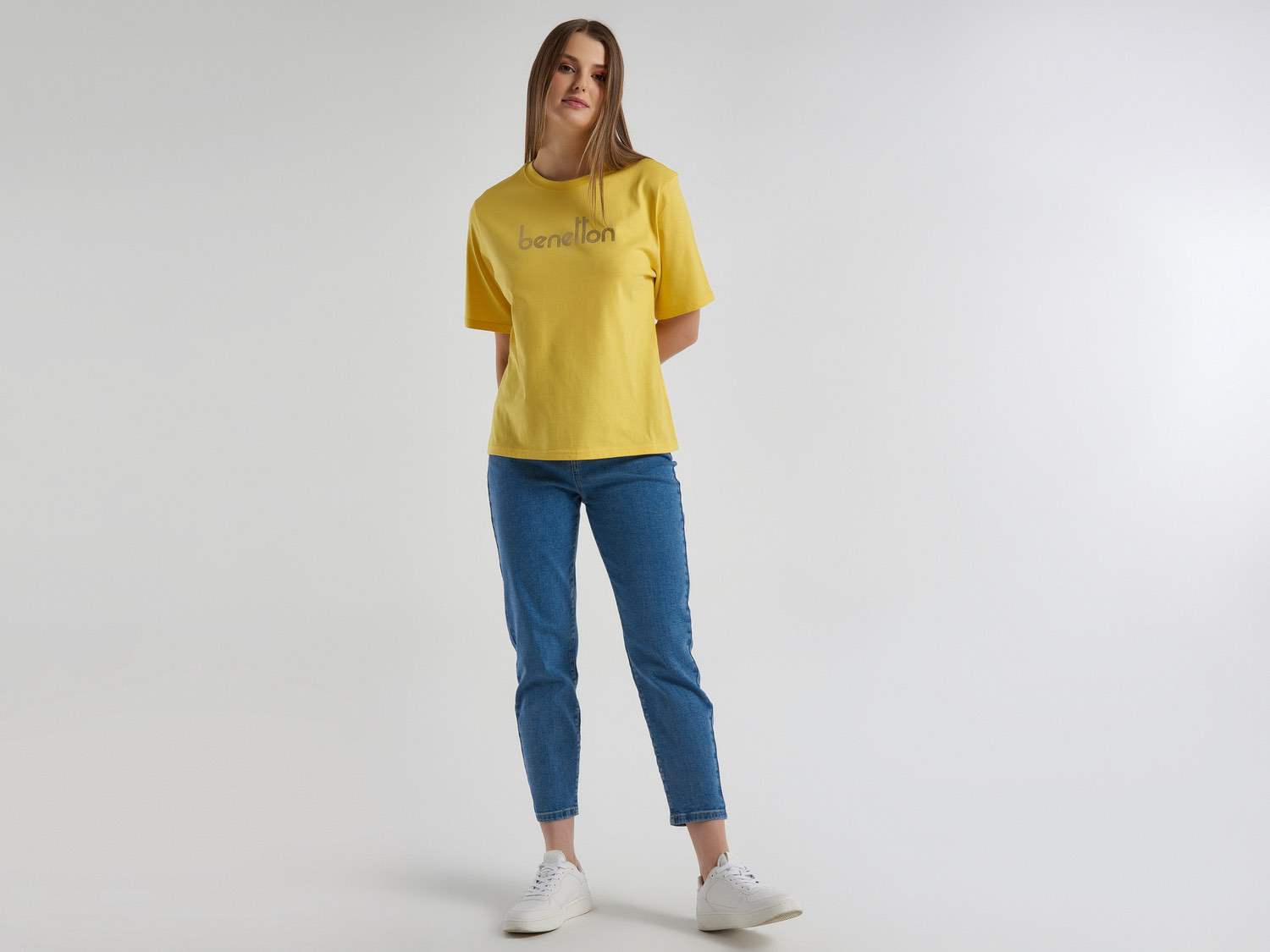 Benetton Kadın Sarı %100 Koton Benetton Yazılı T Shirt. 1