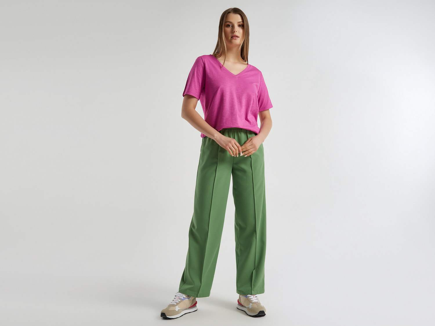 Benetton Kadın Lila %100 Koton V Yaka Slub T Shirt. 1