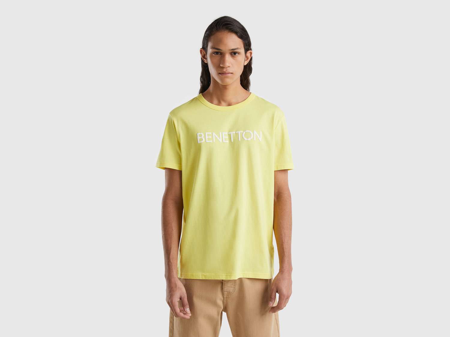 Benetton Erkek Sarı Logo Baskılı Organik Pamuklu Tshirt. 1