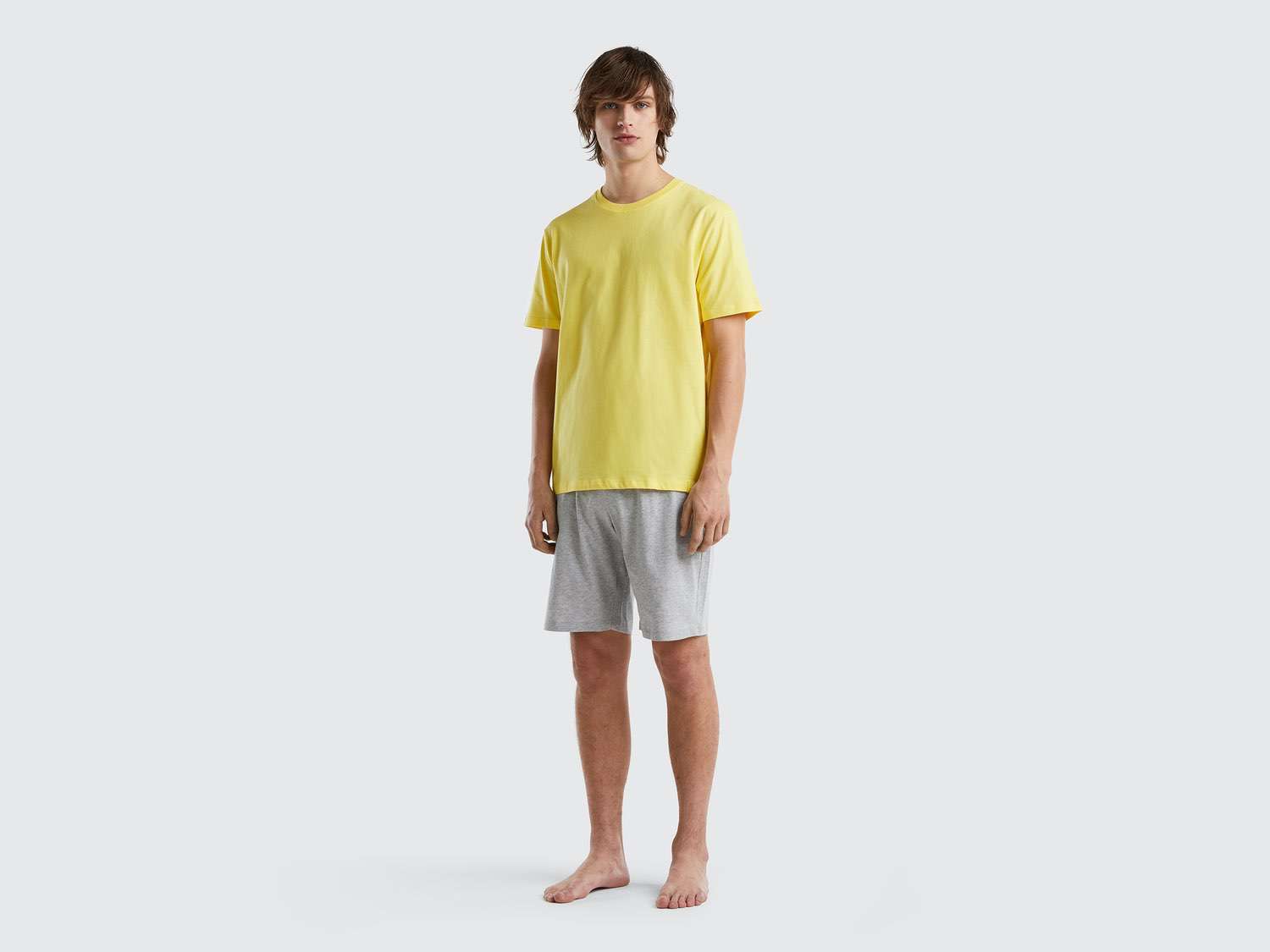 Benetton Erkek Sarı Basic Pamuklu Şort Pijama Takımı. 1