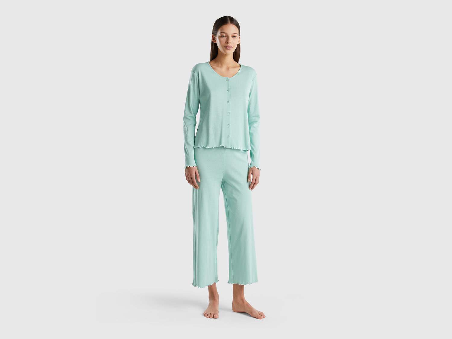Benetton Kadın Yosun Yeşili Bol Paçalı Beli Lastikli Pijama Takımı. 1