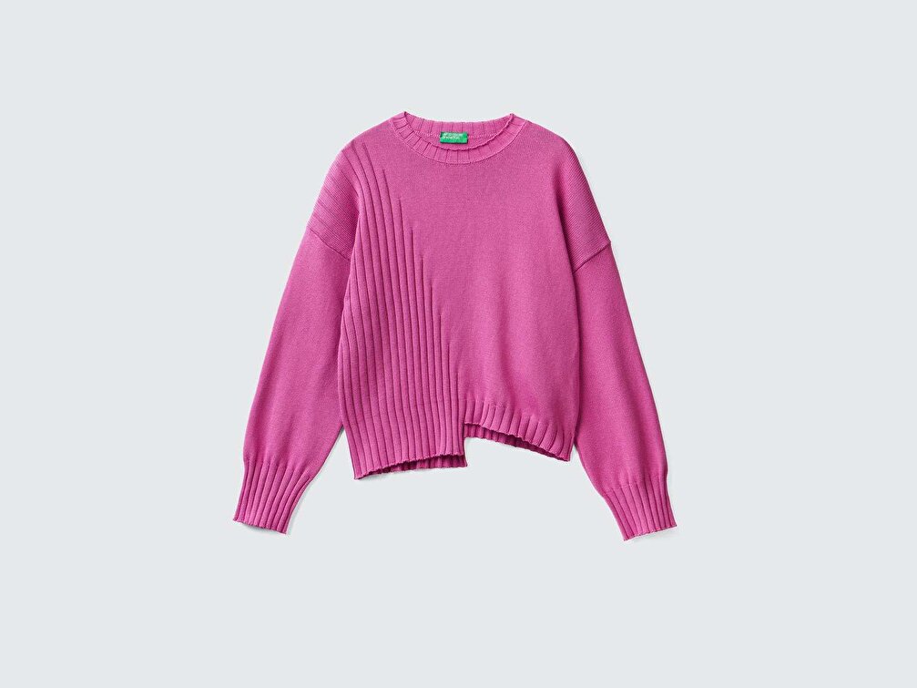 Benetton Kadın Lila Boxy Fit Asimetrik Kesim Kazak