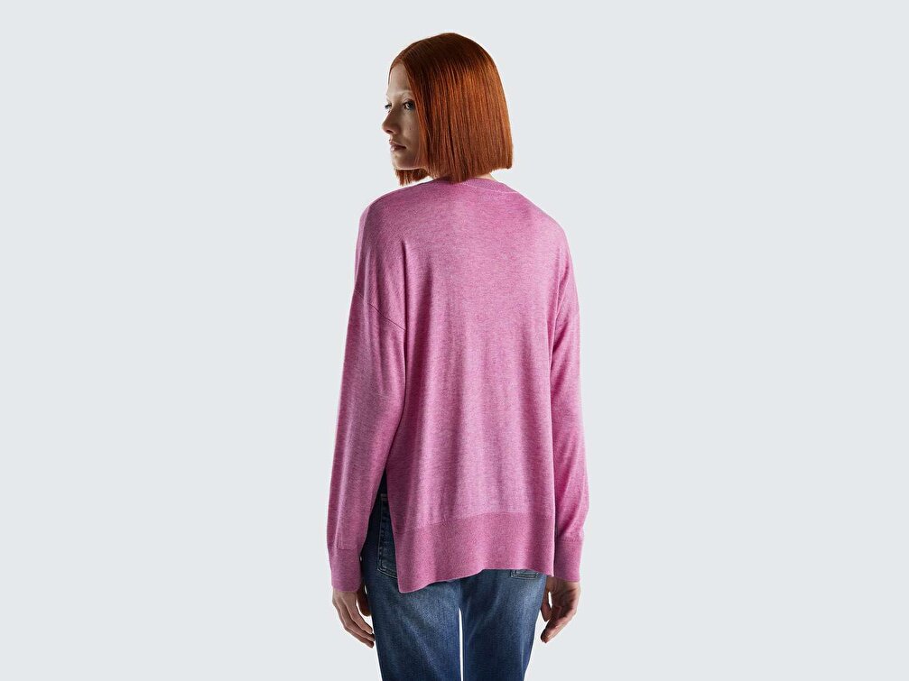 Benetton Kadın Fuşya Kaşmir Karışımlı Asimetrik Kesim Kazak