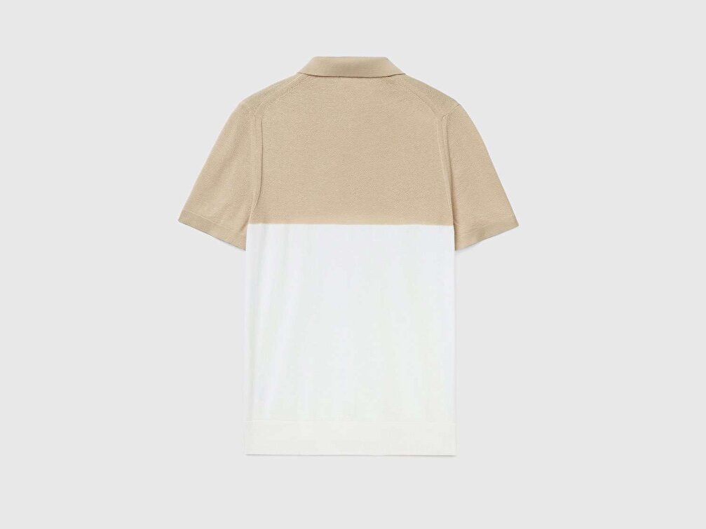 Benetton Erkek Bej Mix Renk Bloklu Triko Polo T-Shirt