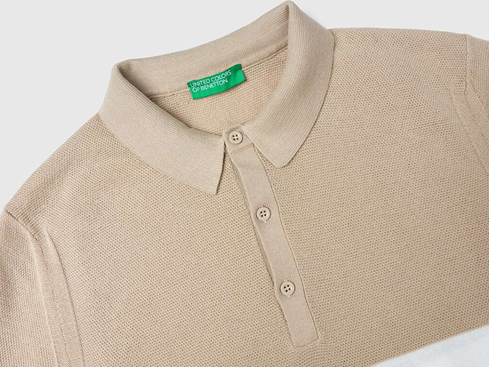 Benetton Erkek Bej Mix Renk Bloklu Triko Polo T-Shirt