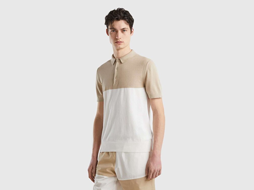 Benetton Erkek Bej Mix Renk Bloklu Triko Polo T-Shirt