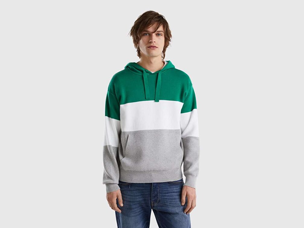 Benetton Erkek Yeşil-Gri Mix Renk Bloklu Kapşonlu Triko Sweatshirt