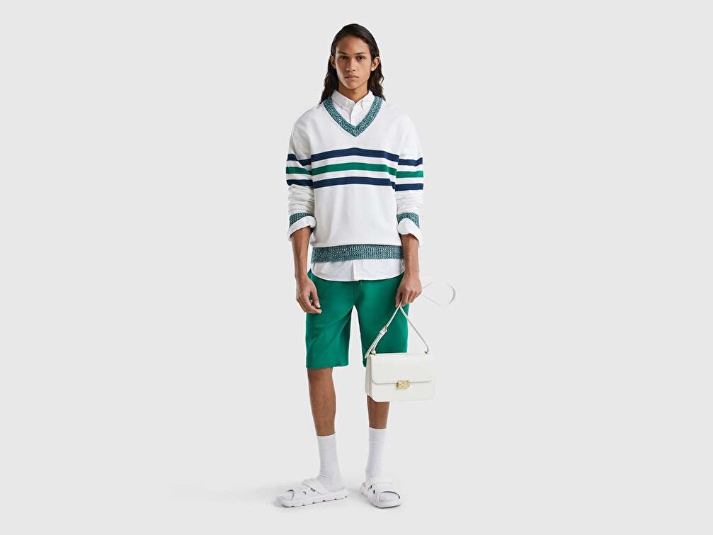 Benetton Erkek Beyaz Mix V Yaka Çizgili Kazak