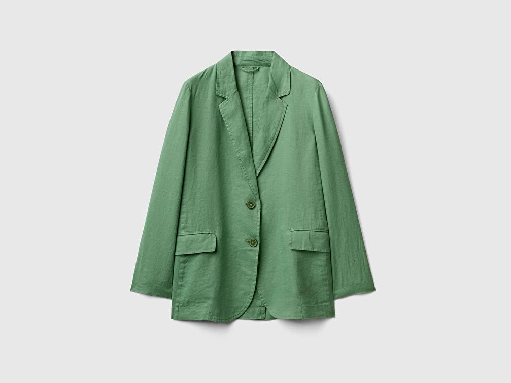 Benetton Kadın Kuşkonmaz Rengi %100 Keten Regular Fit Ceket
