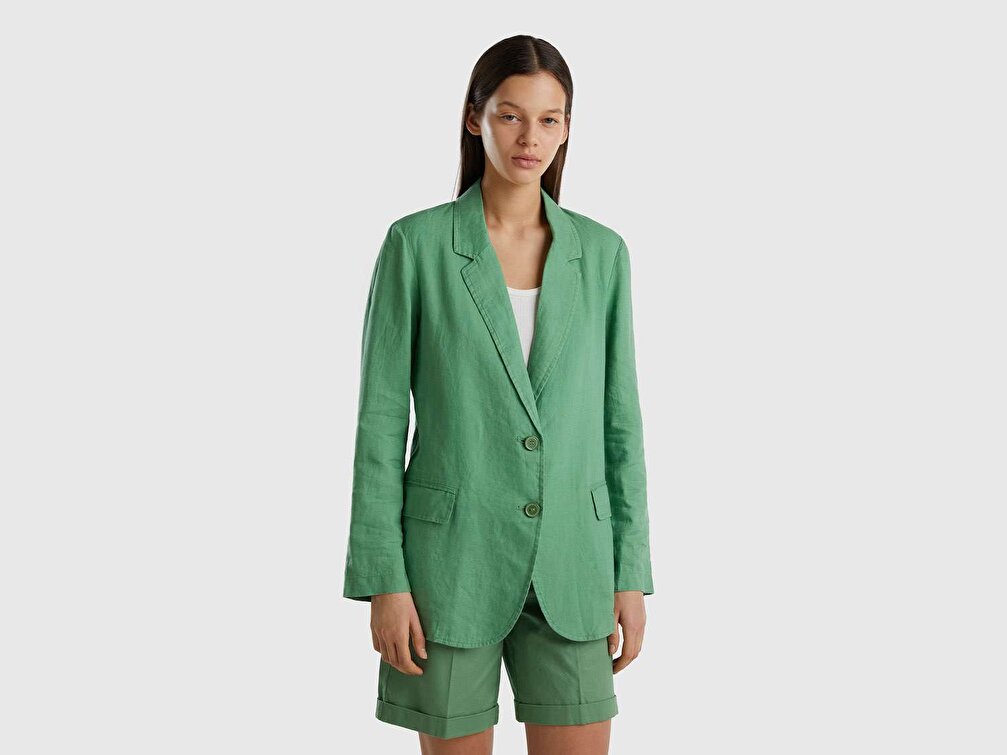 Benetton Kadın Kuşkonmaz Rengi %100 Keten Regular Fit Ceket