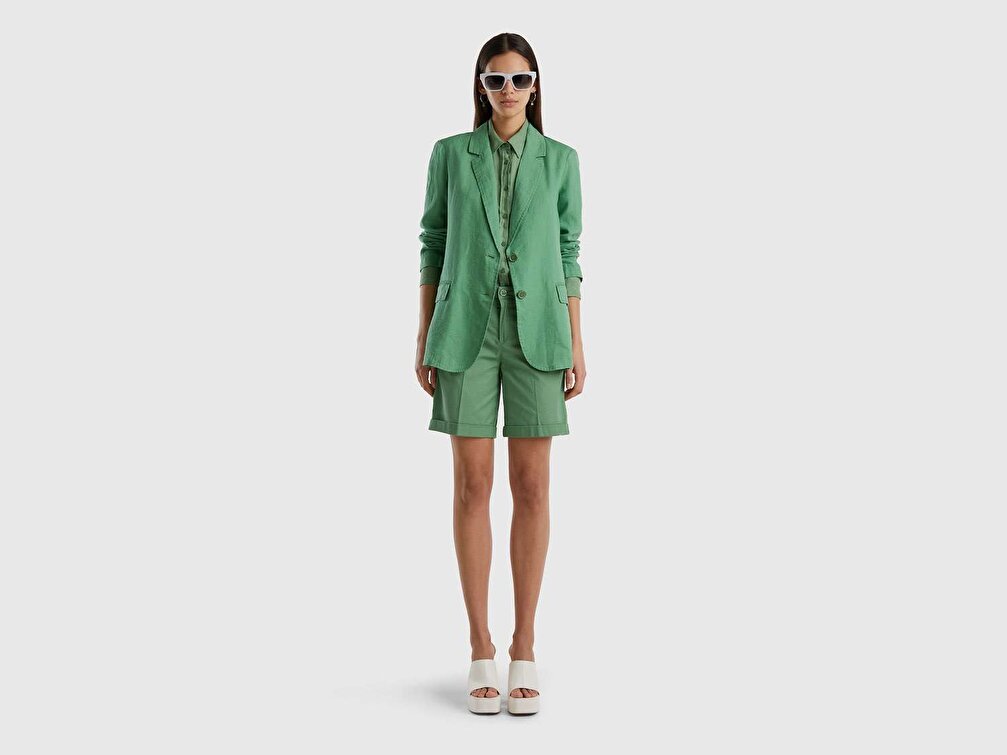 Benetton Kadın Kuşkonmaz Rengi %100 Keten Regular Fit Ceket