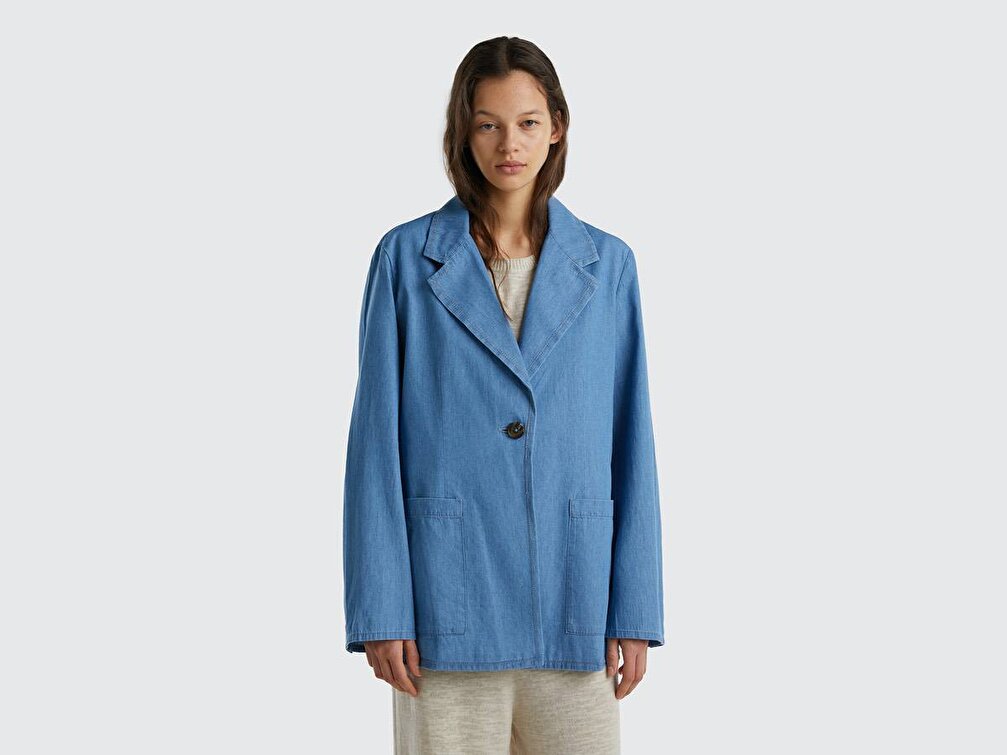 Benetton Kadın Açık Denim Tek Düğmeli Şamre Kumaş Ceket