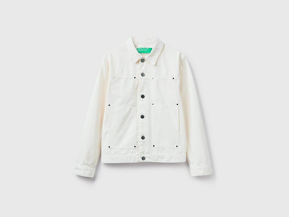 Benetton Erkek Krem Yarım Logolu Denim Ceket