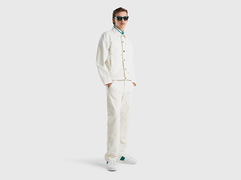 Benetton Erkek Krem Yarım Logolu Denim Ceket