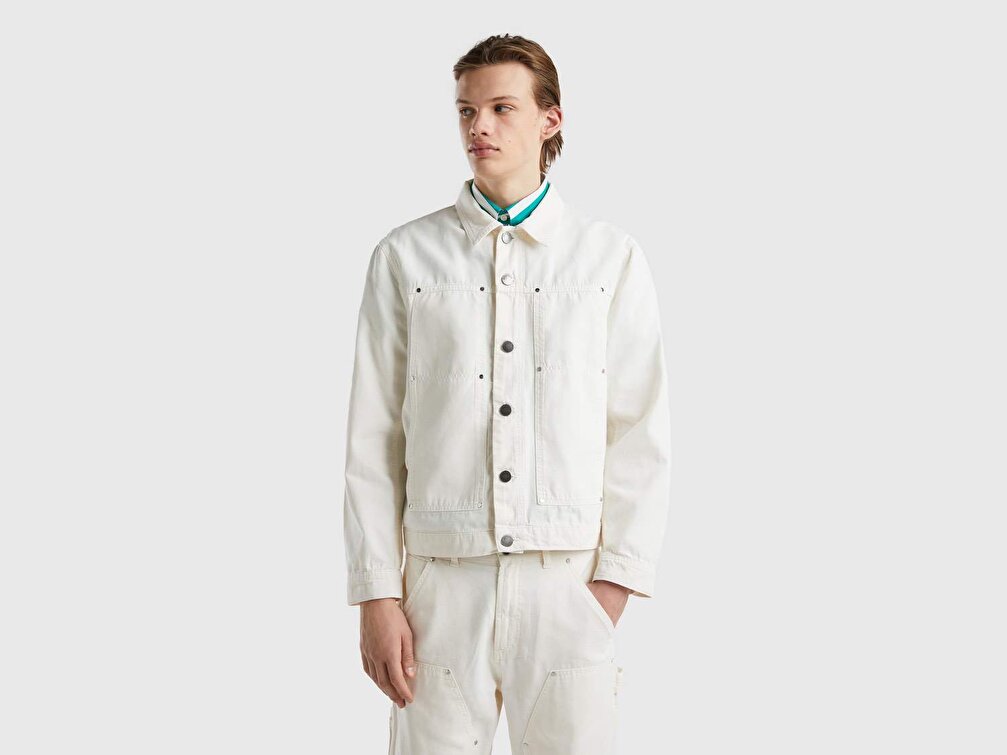 Benetton Erkek Krem Yarım Logolu Denim Ceket