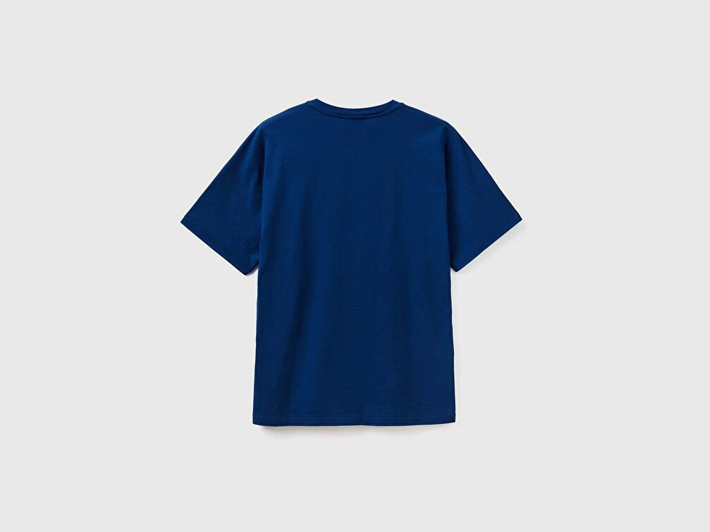 Benetton Erkek Parlament Mavisi %100 Koton Yarım Logolu T-Shirt