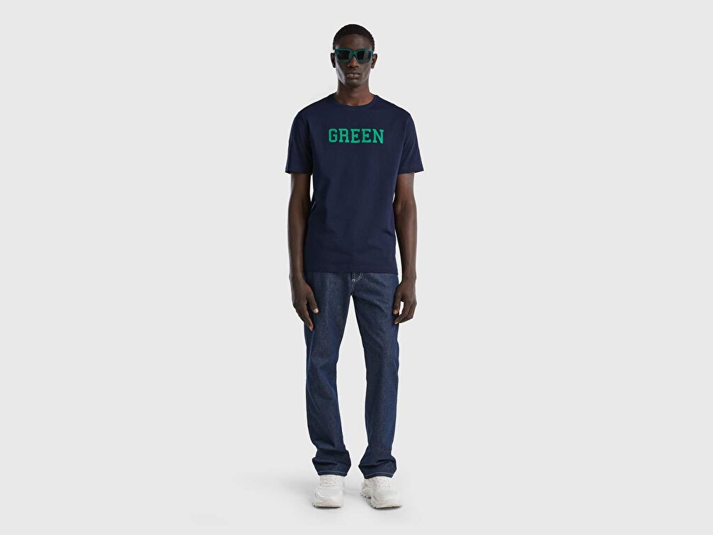 Benetton Erkek Lacivert %100 Koton Renk Yazı Baskılı T-Shirt