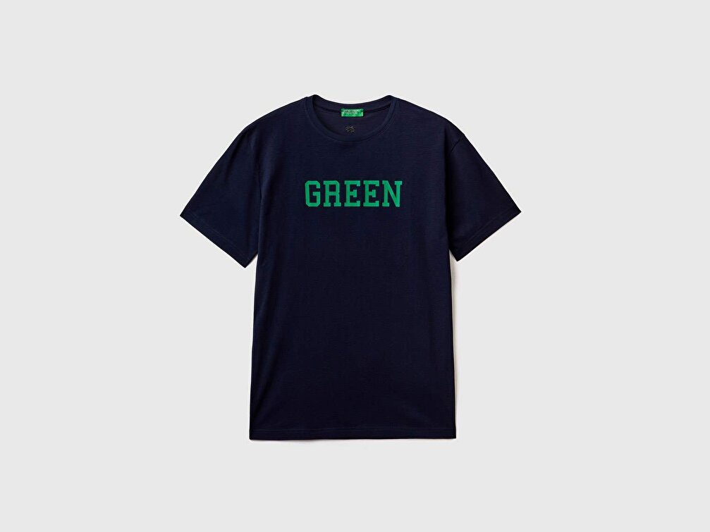 Benetton Erkek Lacivert %100 Koton Renk Yazı Baskılı T-Shirt