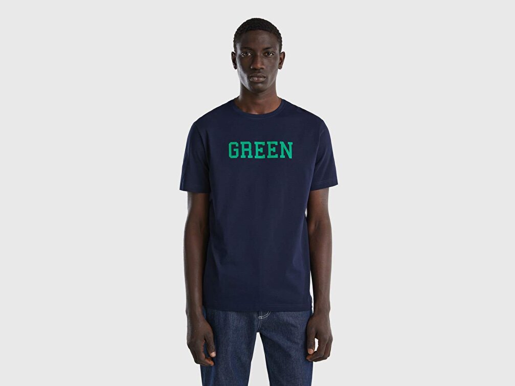Benetton Erkek Lacivert %100 Koton Renk Yazı Baskılı T-Shirt