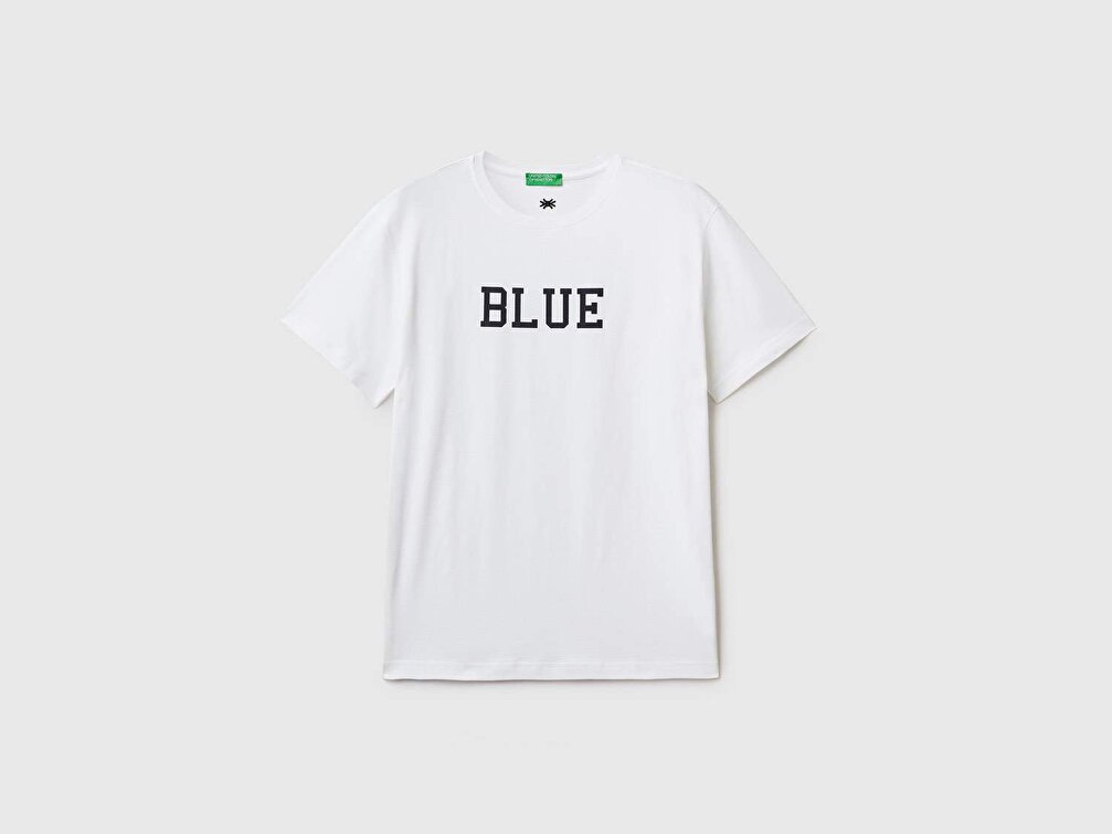 Benetton Erkek Beyaz %100 Koton Renk Yazı Baskılı T-Shirt