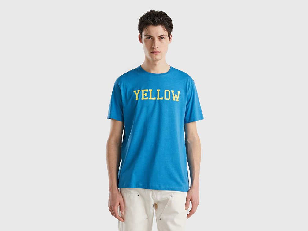 Benetton Erkek Bondi Mavisi %100 Koton Renk Yazı Baskılı T-Shirt