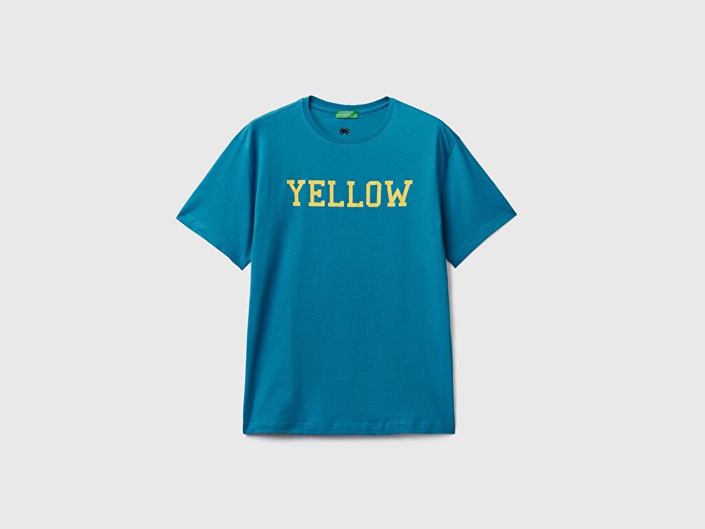 Benetton Erkek Bondi Mavisi %100 Koton Renk Yazı Baskılı T-Shirt