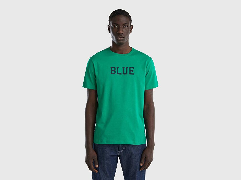 Benetton Erkek Yeşil %100 Koton Renk Yazı Baskılı T-Shirt