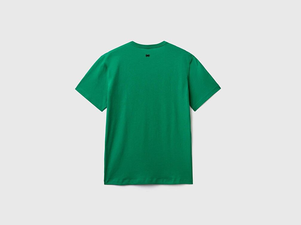 Benetton Erkek Yeşil %100 Koton Renk Yazı Baskılı T-Shirt