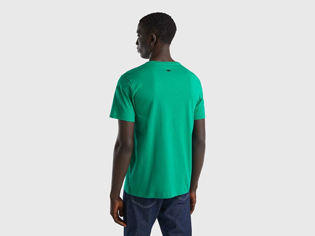 Benetton Erkek Yeşil %100 Koton Renk Yazı Baskılı T-Shirt