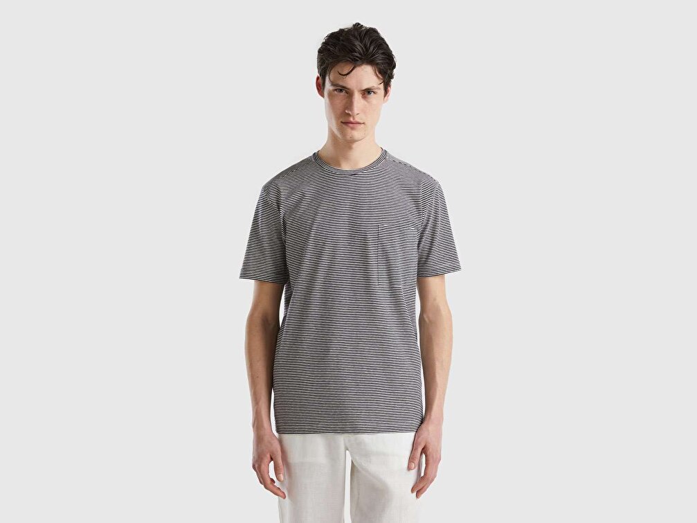 Benetton Erkek İndigo Keten Karışımlı Çizgili T-Shirt