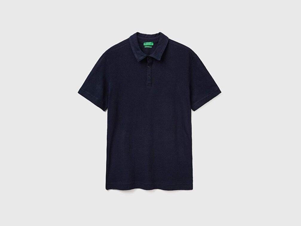 Benetton Erkek Lacivert Keten Karışımlı Polo Yaka T-Shirt