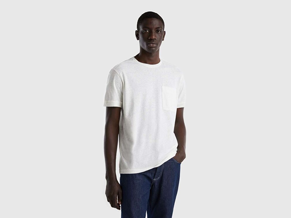 Benetton Erkek Krem Keten Karışımlı Cepli T-Shirt