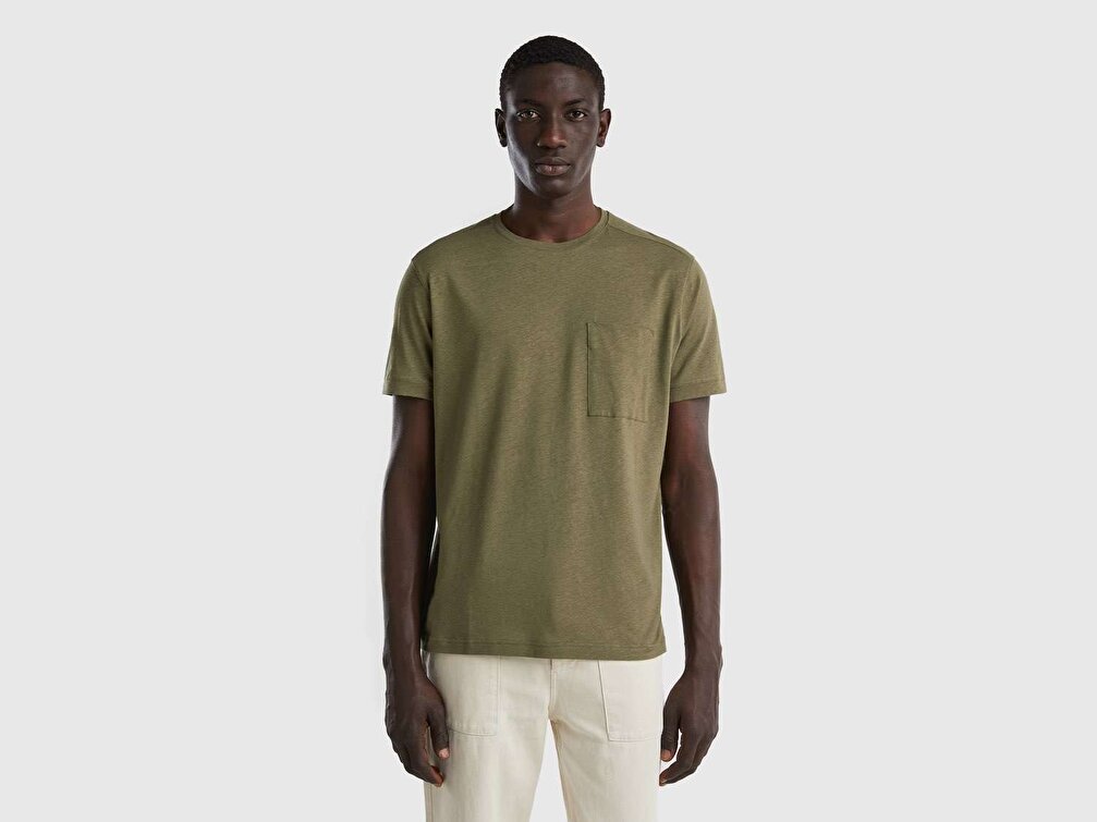 Benetton Erkek Haki Keten Karışımlı Cepli T-Shirt