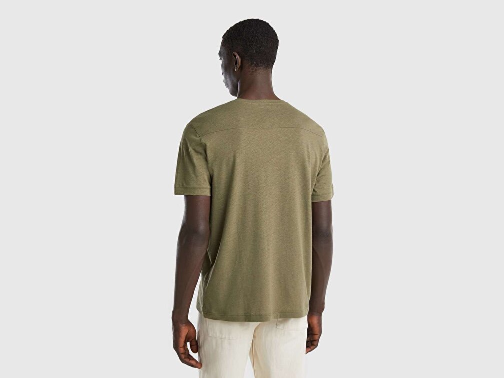 Benetton Erkek Haki Keten Karışımlı Cepli T-Shirt