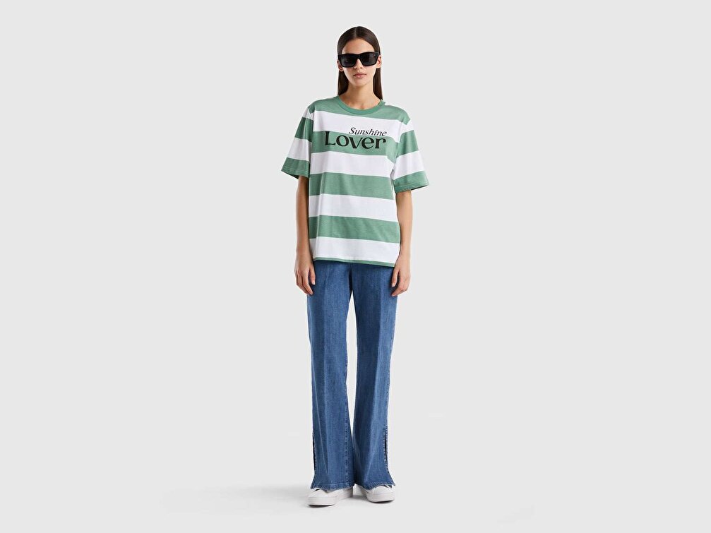 Benetton Kadın Yeşil Mix Rahat Kesim Slogan Baskılı Çizgili T-Shirt
