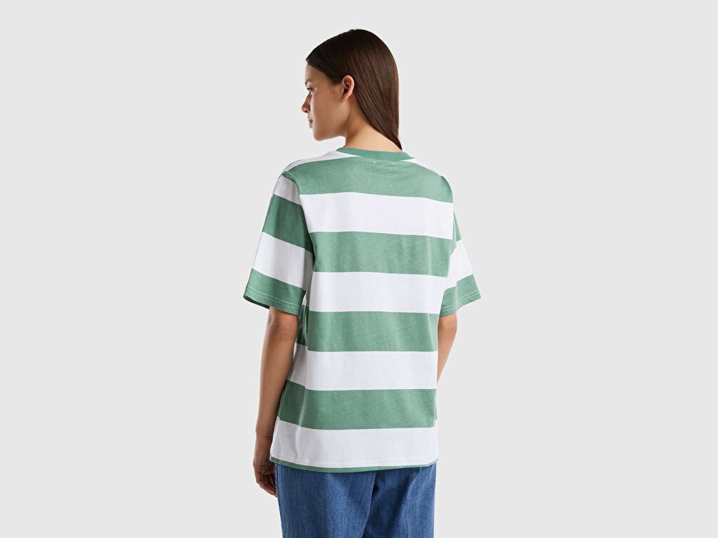 Benetton Kadın Yeşil Mix Rahat Kesim Slogan Baskılı Çizgili T-Shirt