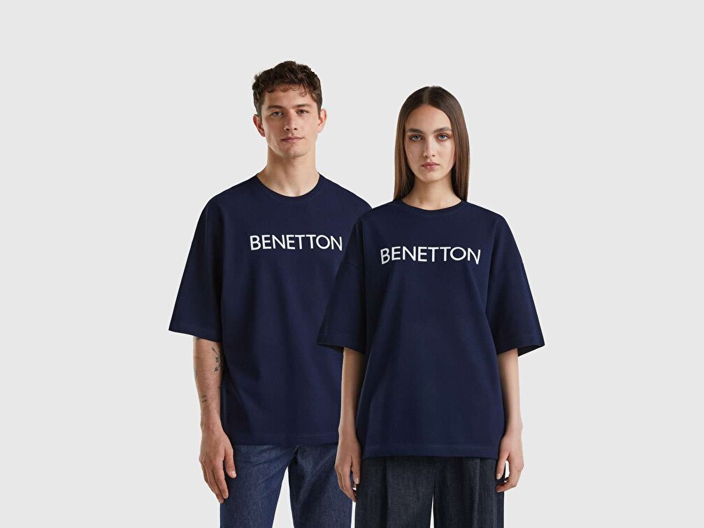 Benetton Unisex Lacivert Benetton Yazılı Oversize T-Shirt