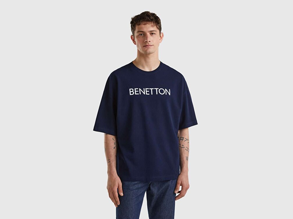 Benetton Unisex Lacivert Benetton Yazılı Oversize T-Shirt
