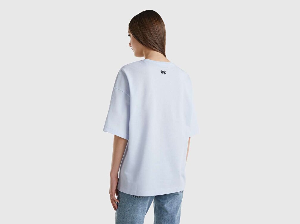 Benetton Unisex Toz Mavi Benetton Yazılı Oversize T-Shirt