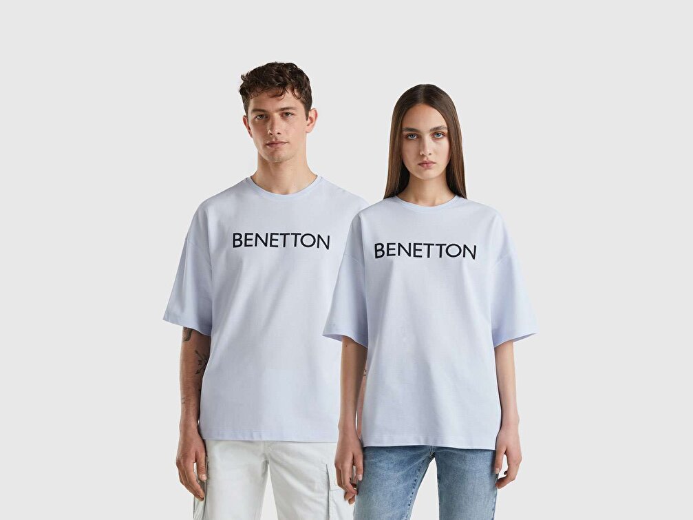 Benetton Unisex Toz Mavi Benetton Yazılı Oversize T-Shirt