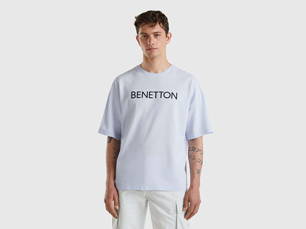 Benetton Unisex Toz Mavi Benetton Yazılı Oversize T-Shirt