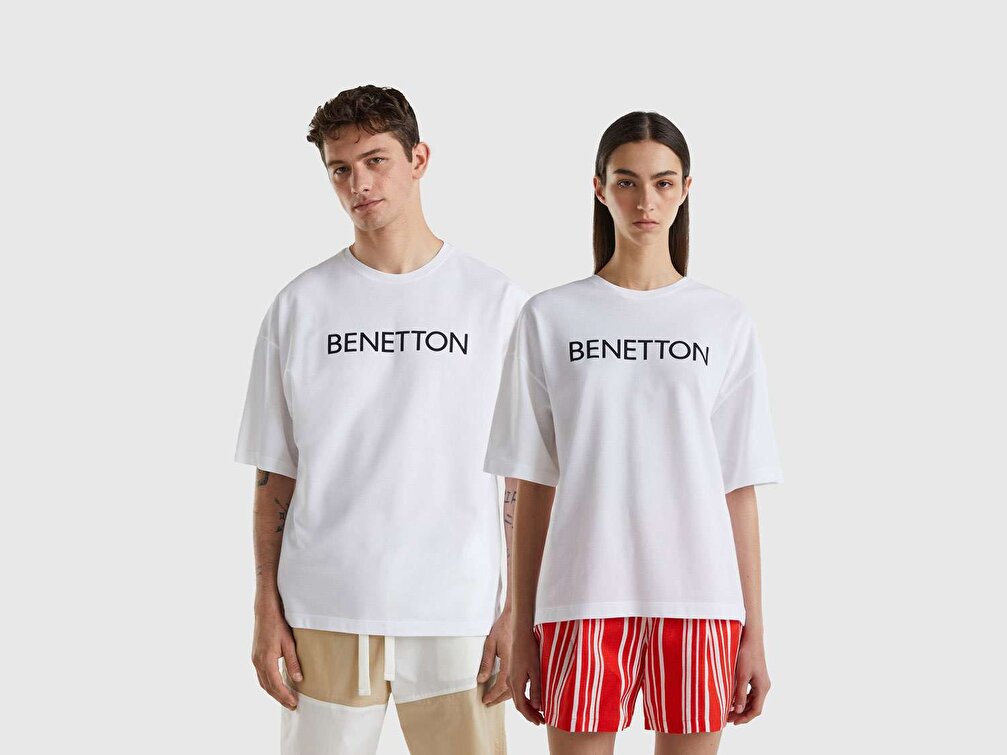 Benetton Unisex Beyaz Benetton Yazılı Oversize T-Shirt