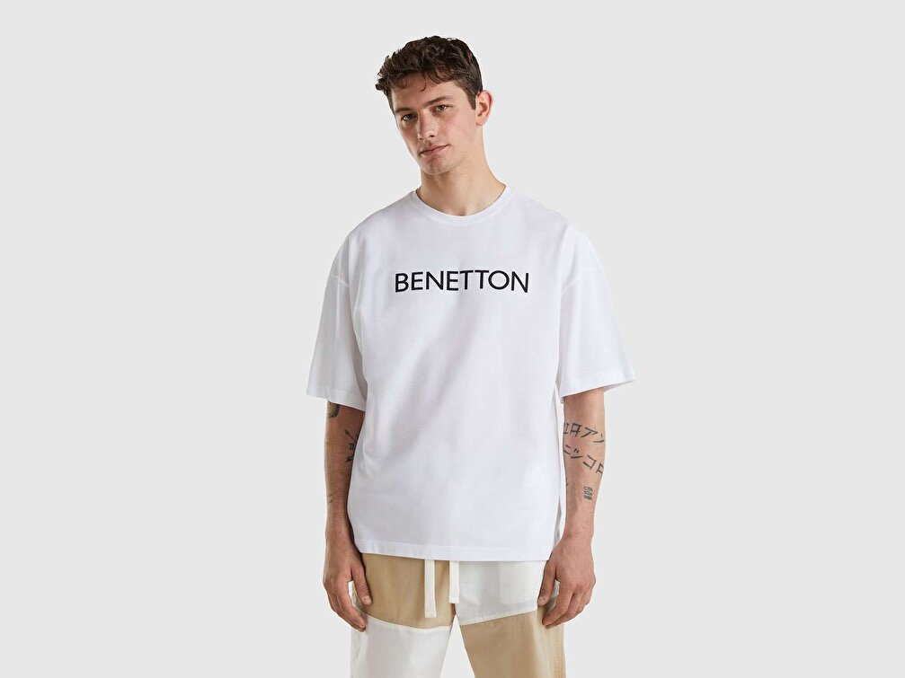 Benetton Unisex Beyaz Benetton Yazılı Oversize T-Shirt