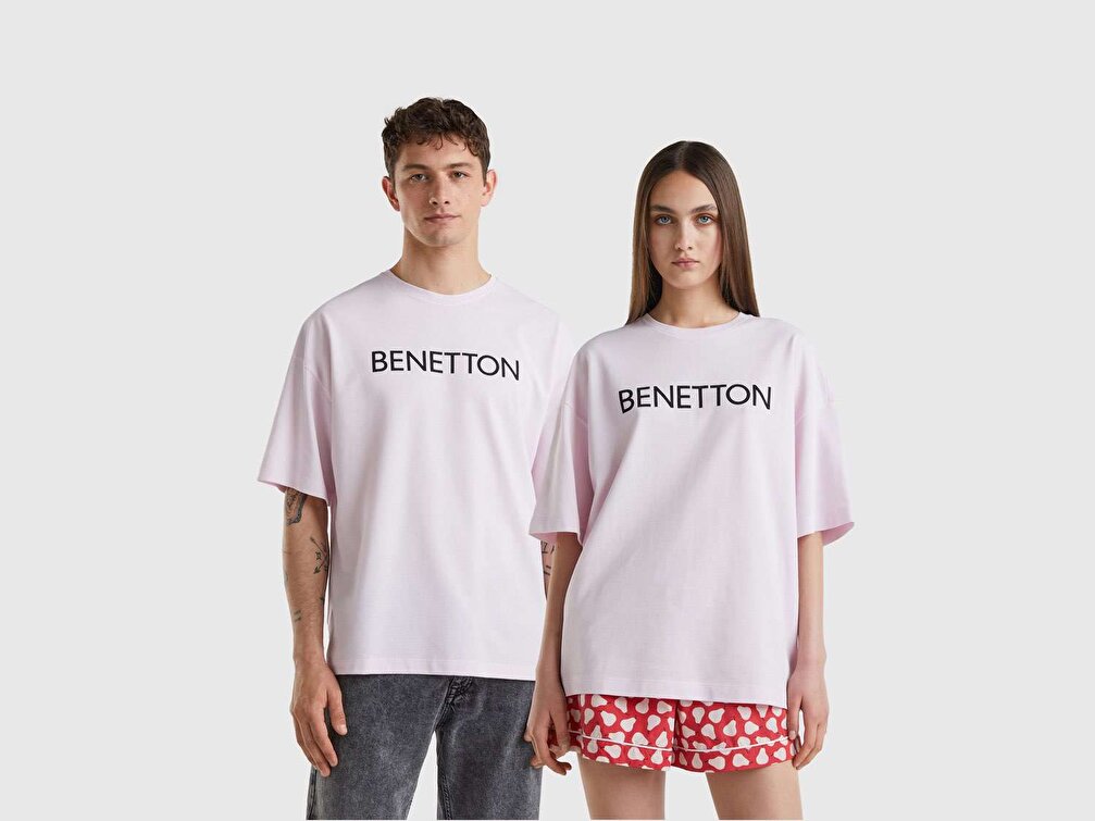 Benetton Unisex Gül Kurusu Benetton Yazılı Oversize T-Shirt