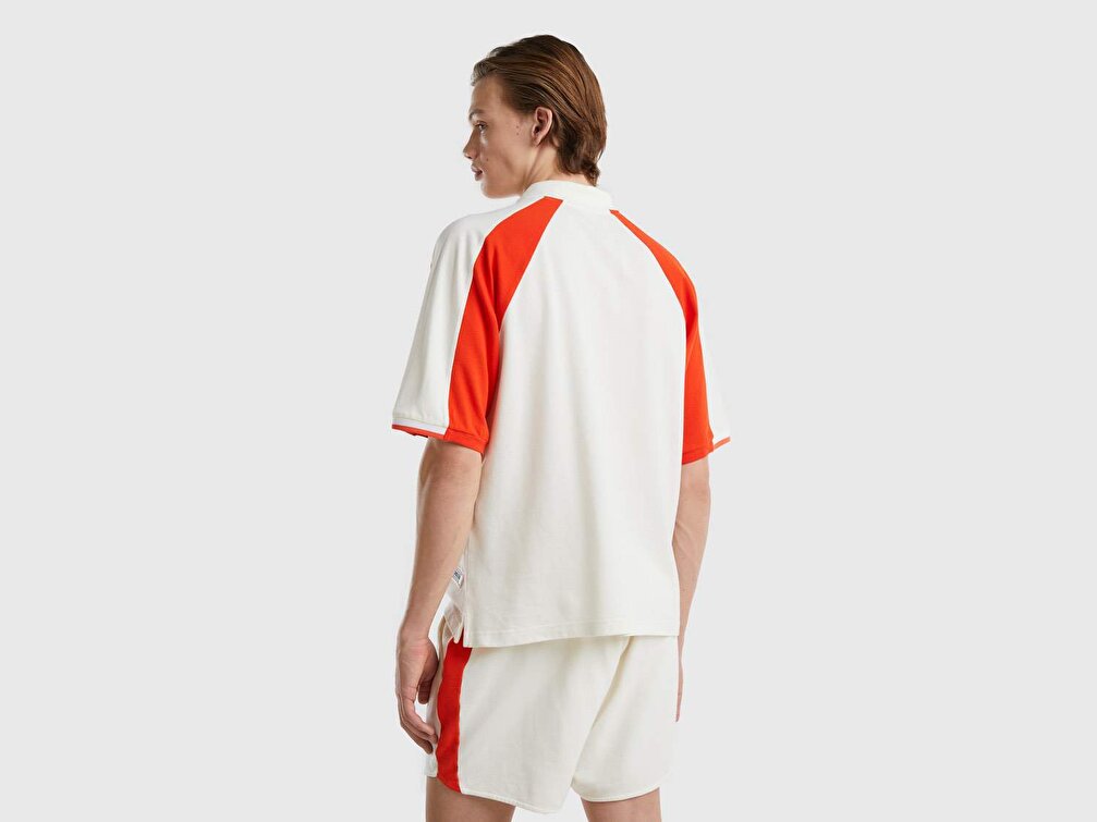Benetton Erkek Bej %100 Koton Renk Bloklu Raglan Kol T-Shirt