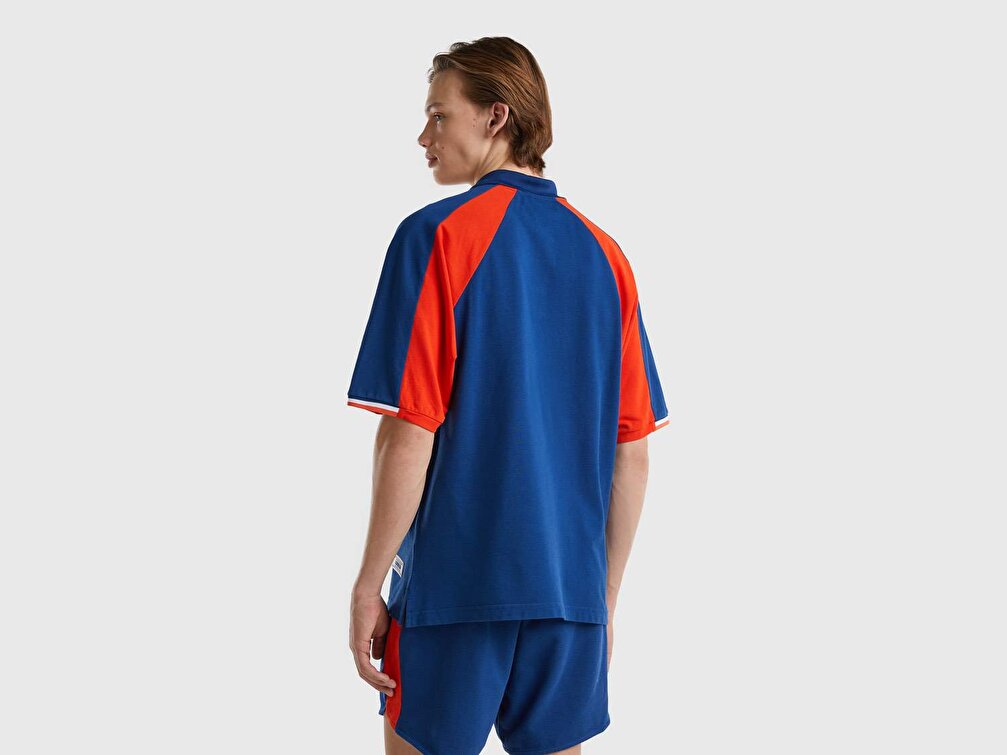 Benetton Erkek Parlament Mavisi %100 Koton Renk Bloklu Raglan Kol T-Shirt