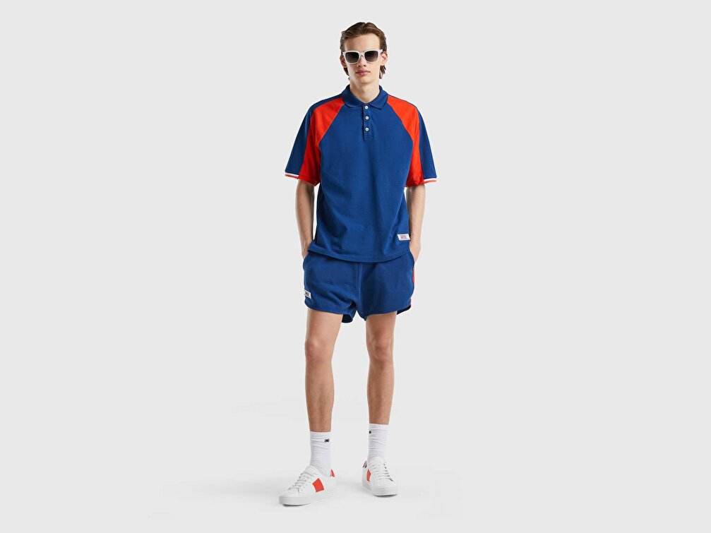 Benetton Erkek Parlament Mavisi %100 Koton Renk Bloklu Raglan Kol T-Shirt